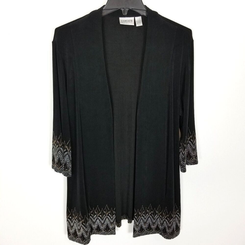 Chico's Travelers Cardigan Women Sz L Open Front Black Pockets Mid Length Jercey